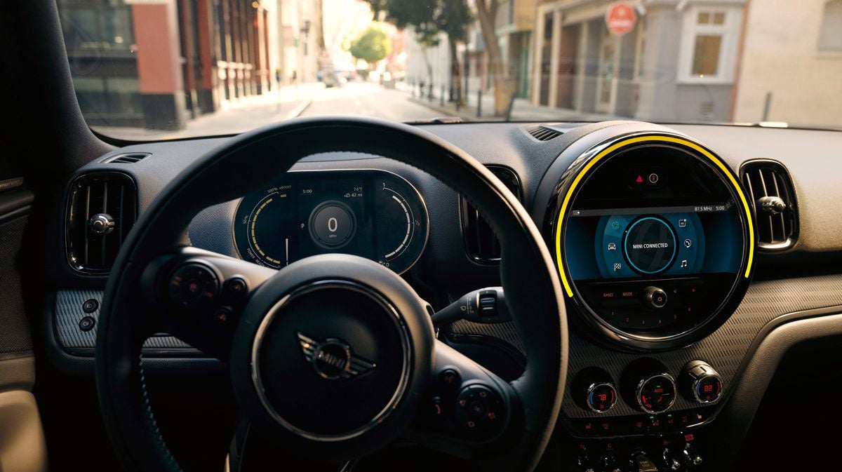 The MINI Cooper SE Countryman PHEV steering wheel. MINI of Rochester in Rochester NY