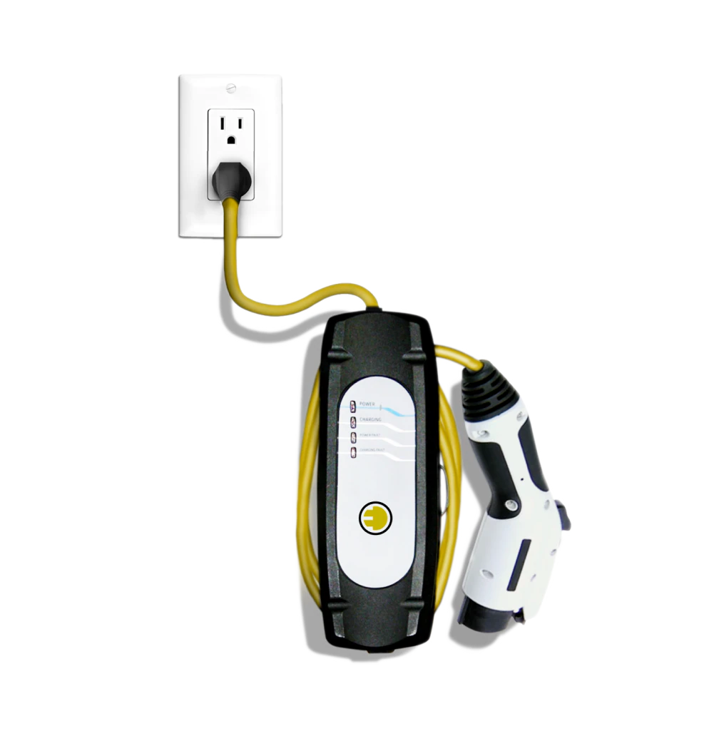 MINI Electric Occasional Use Charger plugged into a power outlet in front of an oval white background.