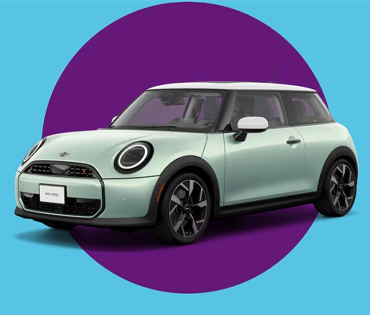 Angled view of a MINI Cooper 2 Door in a purple circle with a blue background