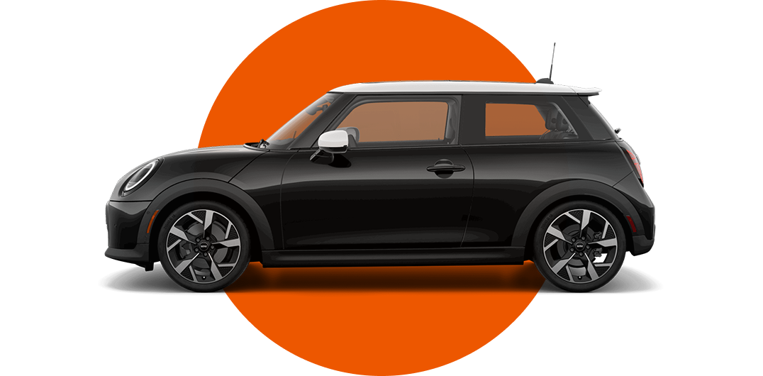 Side view of a MINI Cooper 2 Door in the Midnight Black II Metallic body color, facing left with its shadow underneath it.