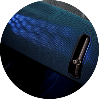 A close-up of blue projections cast across the dashboard. 