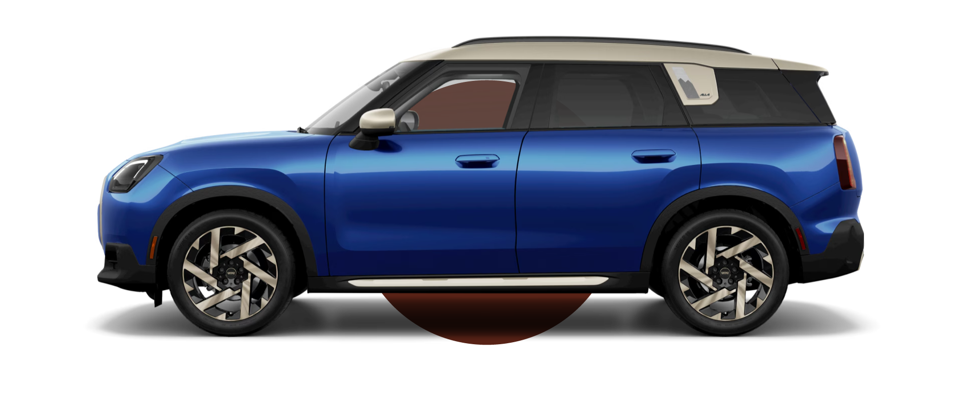 Side view of a MINI Countryman S ALL4 in the Blazing Blue body color, facing left with its shadow underneath it.
