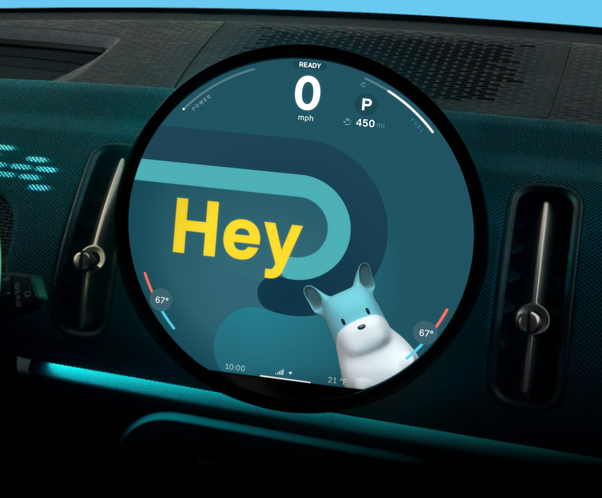 A close-up of the 9.4” round OLED display with Spike on the screen and text reading “Hey” with the surrounding dashboard against a blue background.