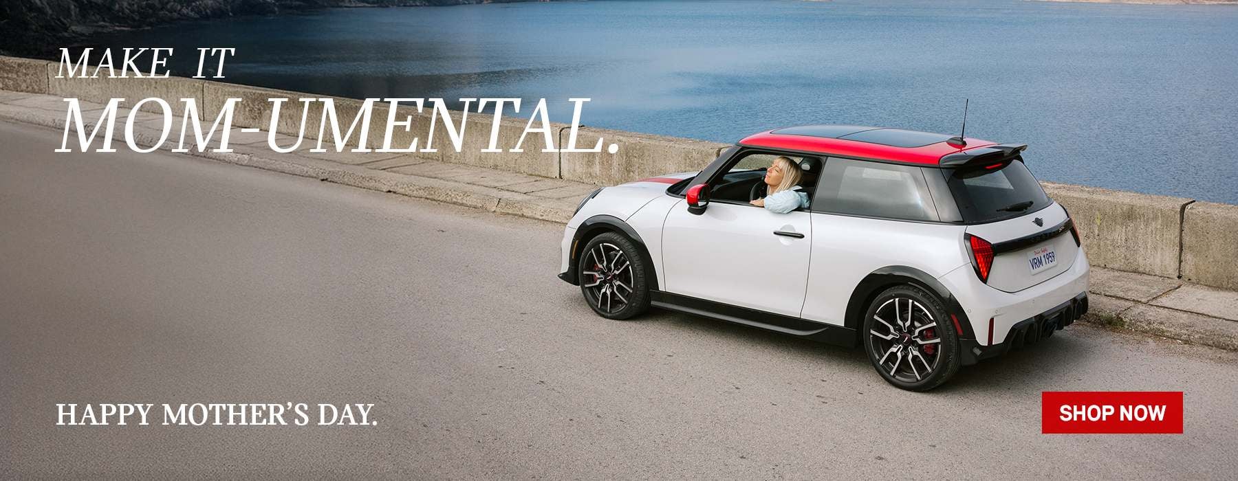 white MINI driving across bridge